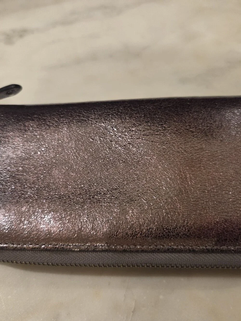 Coach Madison Gunmetal Pewter Metallic Accordion Zip Arpund Wallet